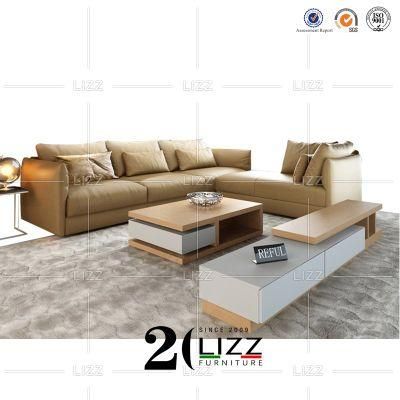 Professional Contemporary Living Room Decoration Furniture European Genuine Leather Sofa with Coffee Table