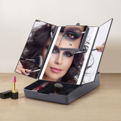 Trifold Rechargeable LED Cosmetic Table Magnifying Mirror with Makeup Storage