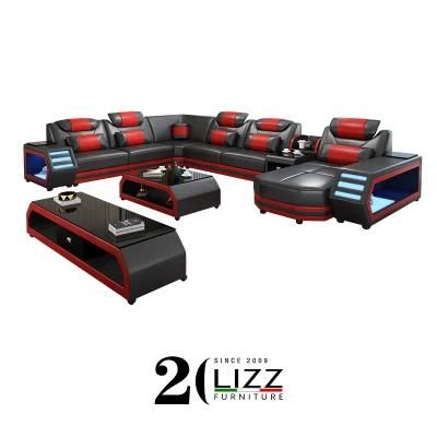 Hot Sale Italy Style LED Living Room Furniture Functional Leather Sectional Corner Sofa Set