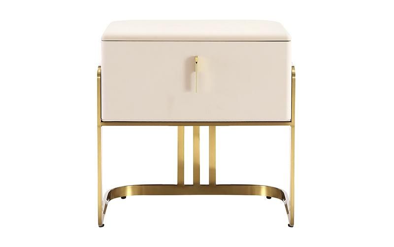 Luxury Home Furniture Modern Hotel Bedroom Bedside Table Villa Leather Upholstered Gold Stainless Steel Leg Square Nightstand Cabinet for Apartment Project