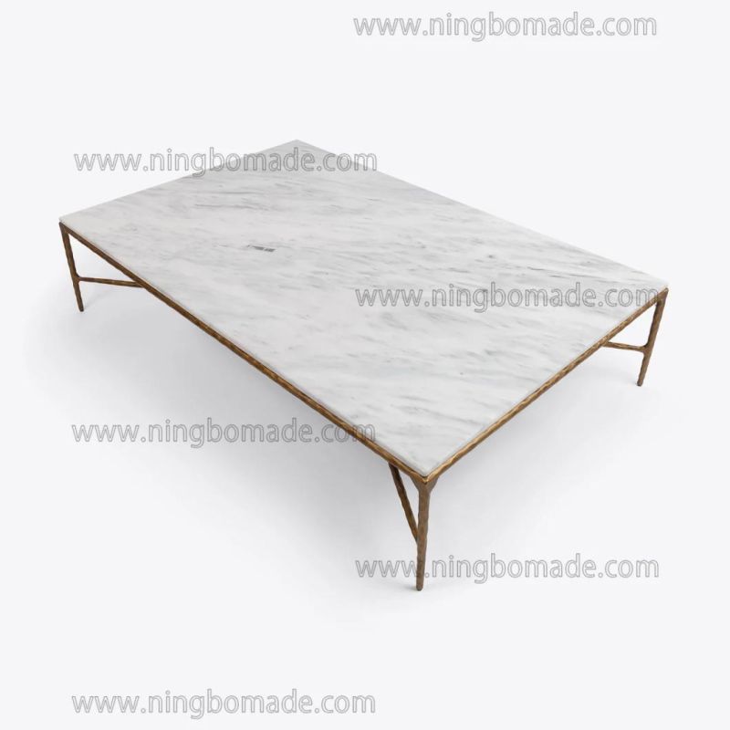 Rustic Hand Hammered Collection Furniture Forged Solid Iron Metal with Brass Color Thick Nature White Cloud Marble Rectangle Coffee Table