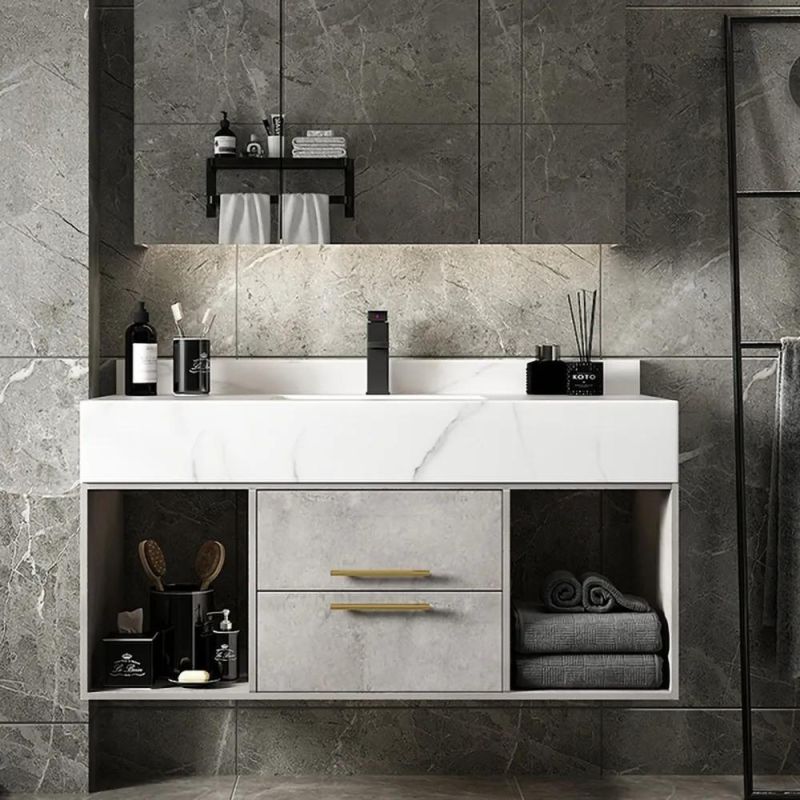 40" Gray Floating Bathroom Vanity with Stone Top Wall Mounted Cabinet