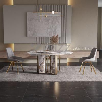 Luxury Living Room Furniture Set Home Hotel Restaurant Leisure Dining Set Rock Panel Marble Top Dining Table with Simple Leather Chairs