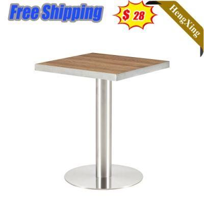 a Wood Color Hot Sell Small Square Coffee School Restaurant Furniture Wooden Dining Table with Metal Base