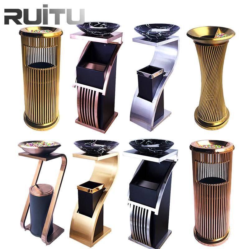 Hotel Lobby Luxury Modern Elevator Hall Trash Ashtray Standing Basin Rose Gold Gold Silver Black Stainless Steel Dustbin Garbage Can Rubbish Waste Bin