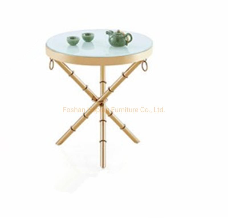 Modern Hotel Beer Round Tempered Glass Coffee Table with Golden Brass Metal Base