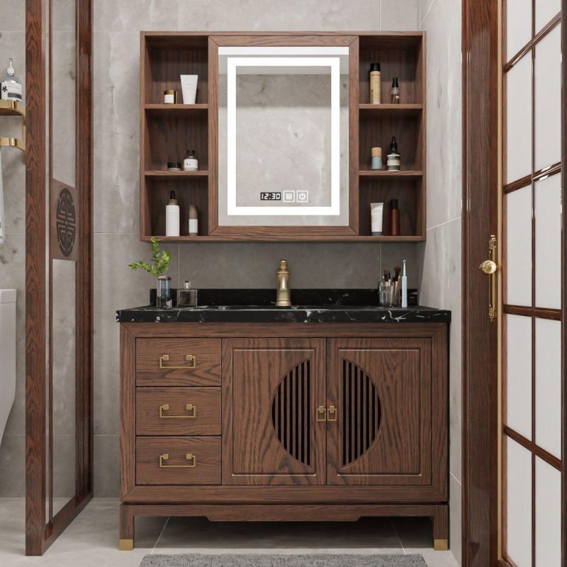 Retro Floor Mounted Ceramic Wash Basin Sink Bathroom Furniture LED Mirror Cabinet Wood Vanity Cabinet with Ceramic Sink and Marble Top