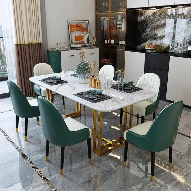Contemporary Simple Restaurant Glod Stainless Steel Dining Marble Table