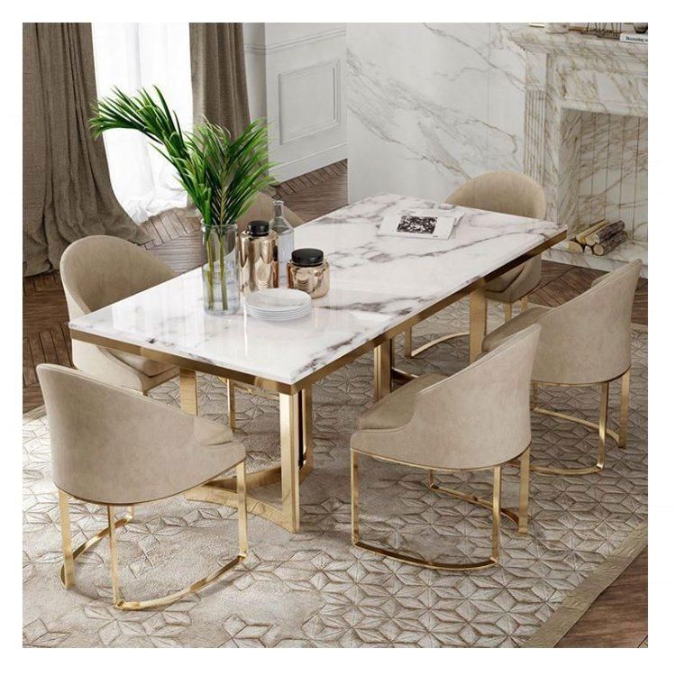 Modern Style Marble Top Rectangle Dining Table with Stainless Steel Base