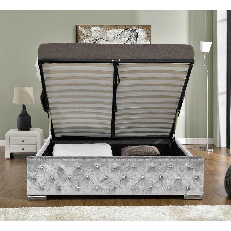 Modern Queen Velvet Button Bed Silver Velvet Crush Headboard Storage Double Bed