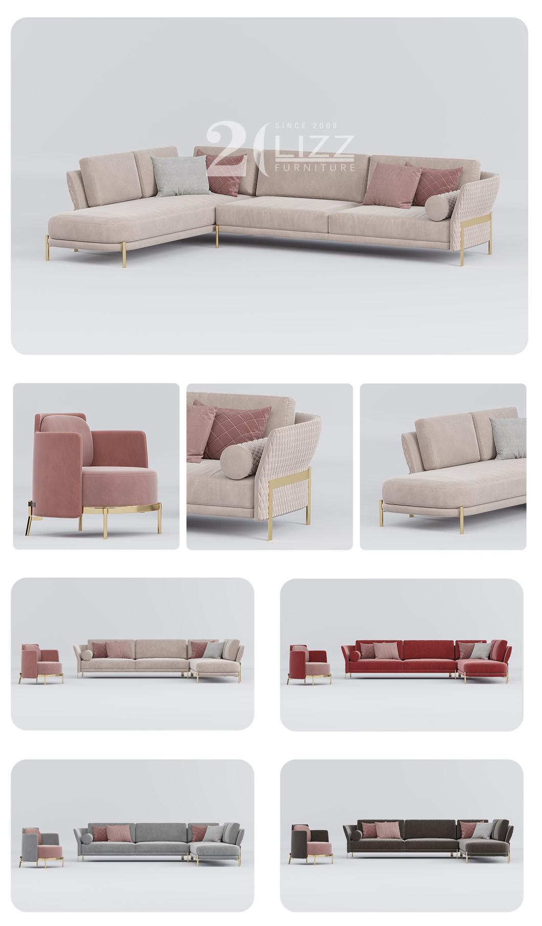 Promotional Velvet L Shape Home Living Room Furniture Modern Style Fabric Leisure Sofa with Single Chair
