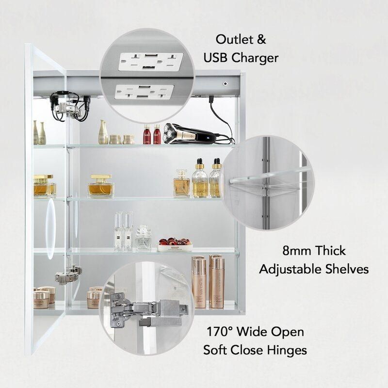 Bathroom Recessed or Surface Mounting Aluminum Mirror Medicine Cabinet with Adjustable Glass Shelves