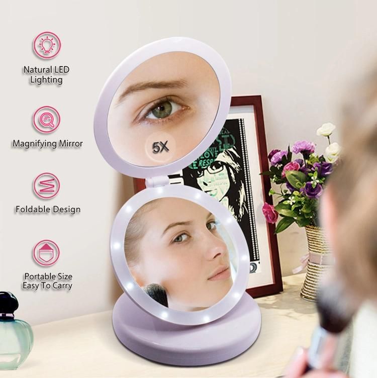 Light Vanity Trifold Round 5X Magnifying Makeup LED Mirror