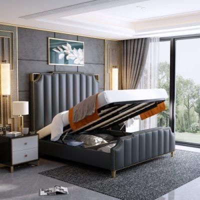 China Factory Wood New Storage Luxury Steel Bed Set King Size Leather Bedroom Furniture