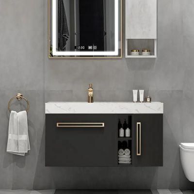 New Design Black Floating Bathroom Vanity with Single Sink with and Marble Top &amp; Storage