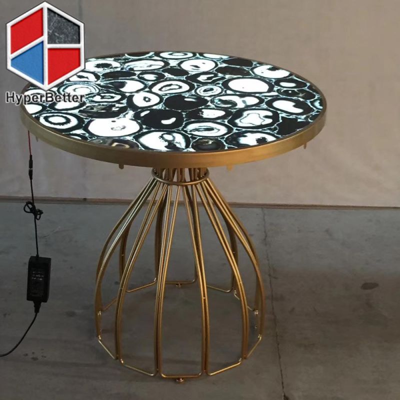 Black Agate Coffee Tables Round with LED Light Inside