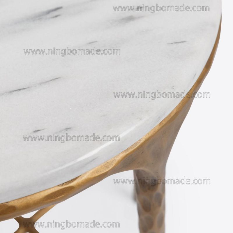 Rustic Hand Hammered Collection Furniture Forged Solid Iron Metal with Brass Color Thick Nature White Cloud Marble Round Corner Table