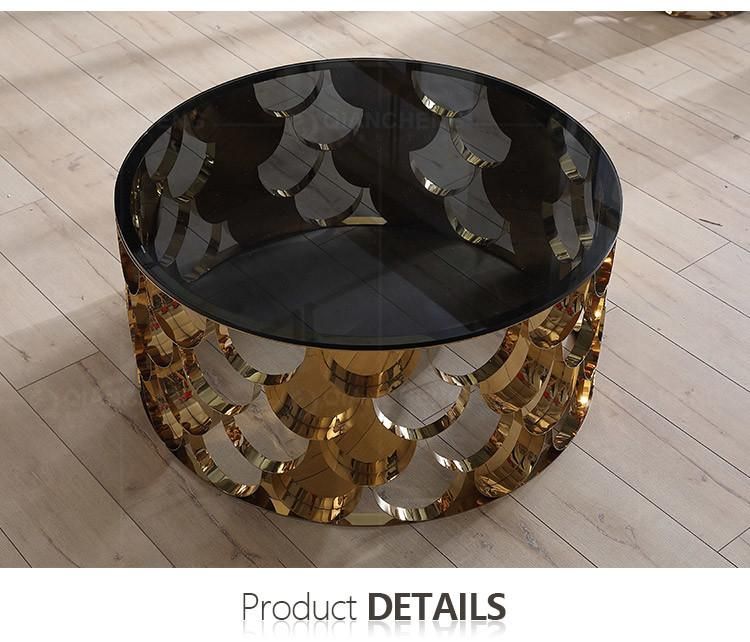 Modern Living Room Coffee Table Round Black Tempered Glass Top Gold Frame Coffee Table