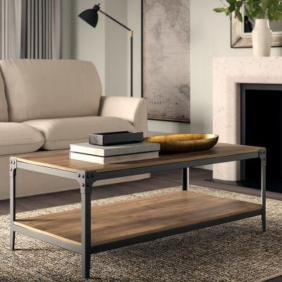 Barnwood Brown Coffee Table with Storage Shelf and Metal Frame for Living Room