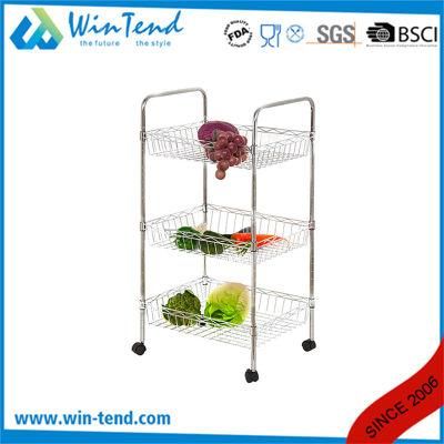 Hotel Kitchen 3 Tiers Wire Basket Serving Trolley Wire Chrome Cart