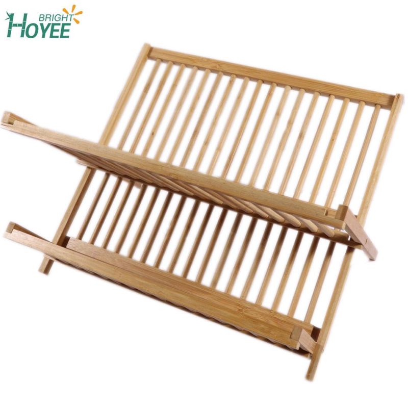 Awesome 2 Tier Natural Bamboo Folding Dish Plate Drying Rack with Drainboard