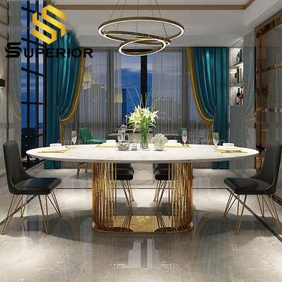 Modern Home Stainless Steel Oval White Artificial Marble Dining Table