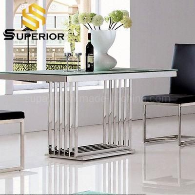 2020 New Product Silver Metal Tempered Glass Top Dining Table