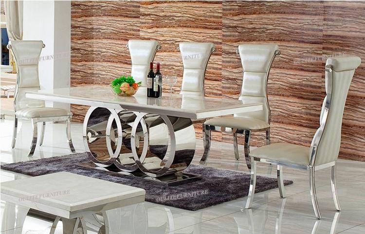 Silver Chrome Frame Marble Dining Table with 6 Seaters Chairs