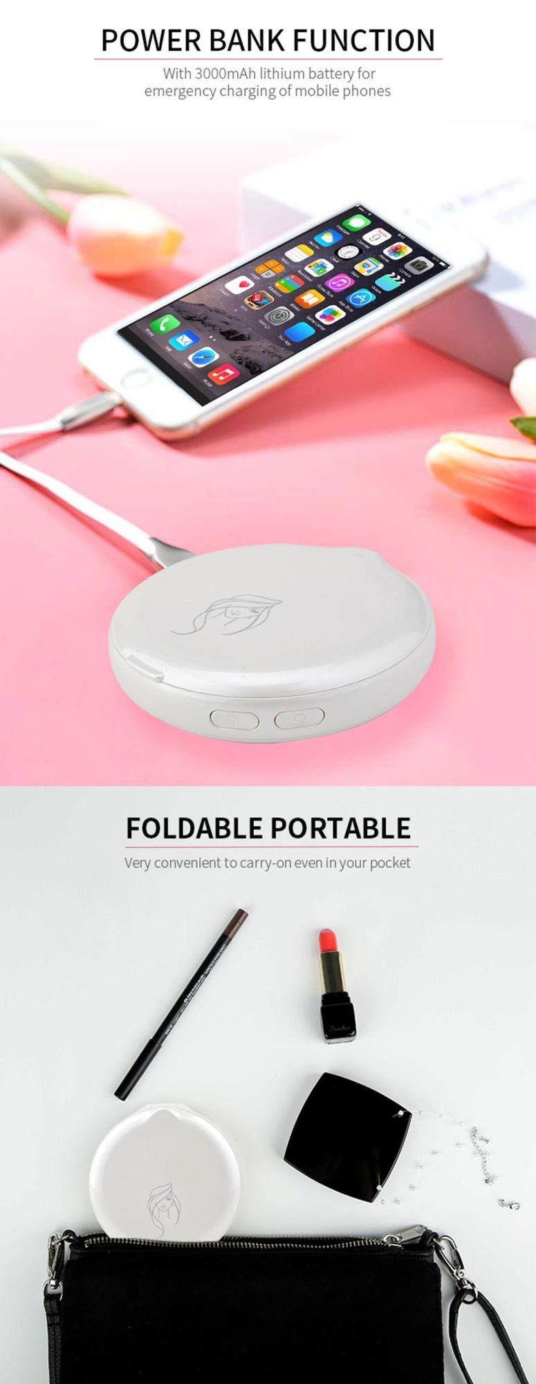 Pritech Portable Hand Pocket Power Bank Makeup Cosmetic Mirror 3000mAh with LED Light