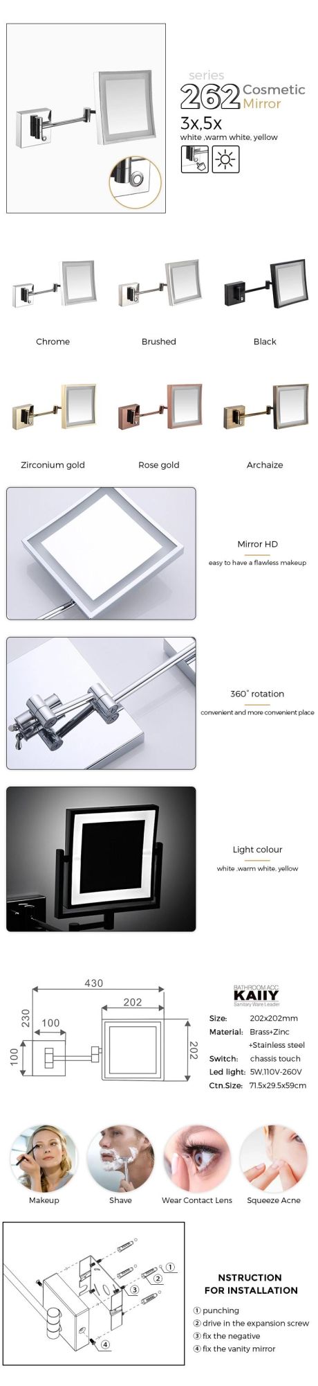 Kaiiy Single Sided Extending Wall Mount Mirror Chassis Touch Modern Bathroom LED Mirrors