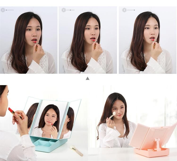 Desktop Trifold Magnified Make up Mirror with Lights