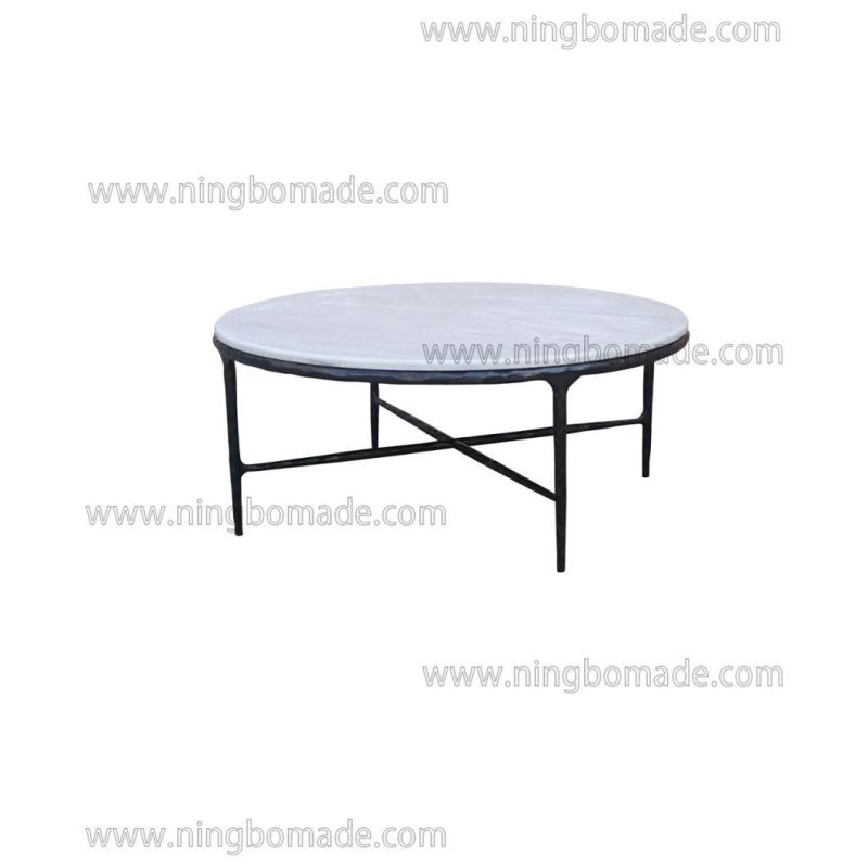 Thaddeus Sculptural Forged Collection White Cloud Marble Top Antique Black Solid Metal Base Round Coffee Table