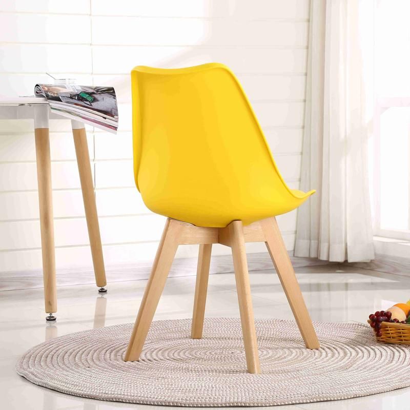 High Quality Home Furniture Stackable Elastic PU Seat Dining Plastic Chair with Solid Beech Wood Legs