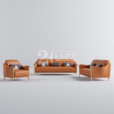 High Quality European Style Living Room Furniture Bright Color Orange Genuine Leather Sofa