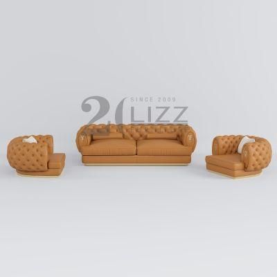 Modular Contemporary Luxury Hotel Home Furniture 1+3+1 Italian Style Living Room Yellow Genuine Leather Sofa