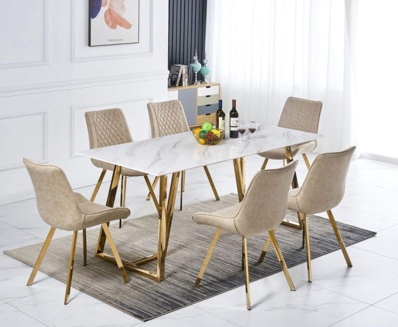 Home Furniture Cafe Hotel Banquet Tempered Glass Marble Top Steel Dining Table