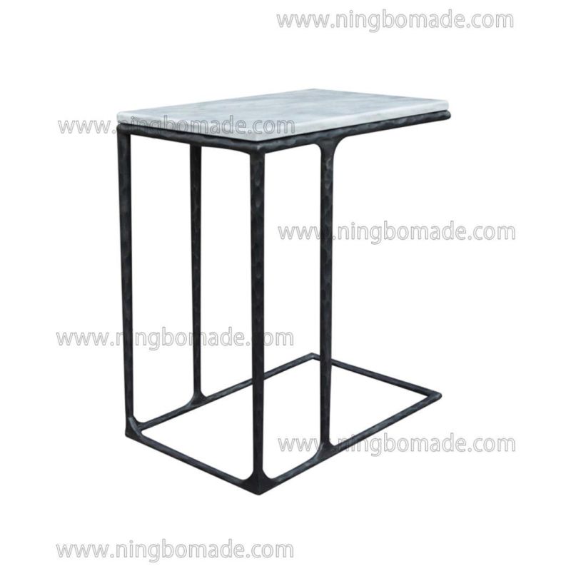 Thaddeus Sculptural Forged Collection Cloud Marble Top Antique Black Solid Metal Base Sofa Table