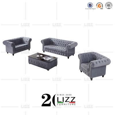 Vintage European Style Sectional Living Room Furniture Set Leisure Chesterfield Velvet Fabric Corner Sofa