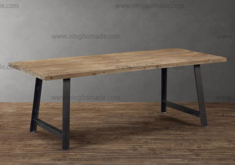 Modern Nordic Country Style Storage Pine Natural Reclaimed Fir Wood with Black Iron Metal Thick Legs Dining Table