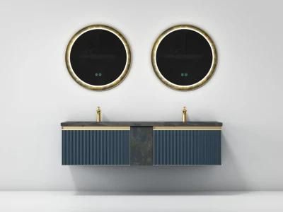 Navy Blue Double Sink Bathroom Vanity with Double Round LED Mirror
