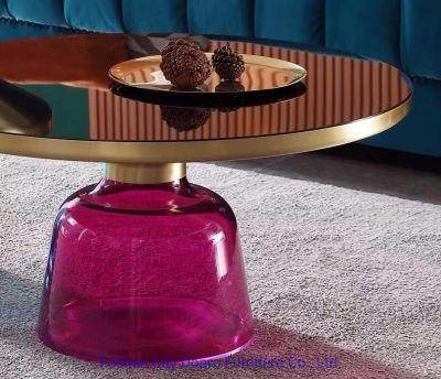 Fashion Modern Hotel Artist Purple Glass Leg Brushed Brass Round Coffee Table