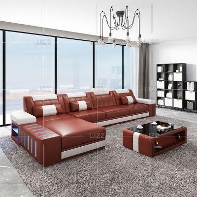 LED Light Function Contemporary High Quality Luxury Home Furniture European Living Room Genuine Leather Sofa