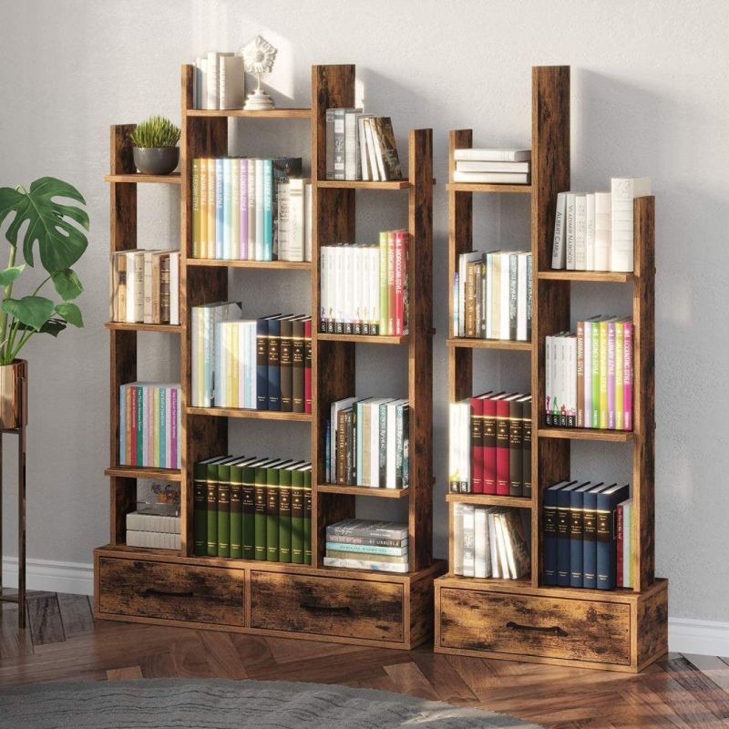 Bookshelf with 2 Wooden Drawers, Rustic Wood Bookshelves, Free Standing Book Shelf Industrial Shelf Free Standing Storage Shelf for Bedroom, Living Room