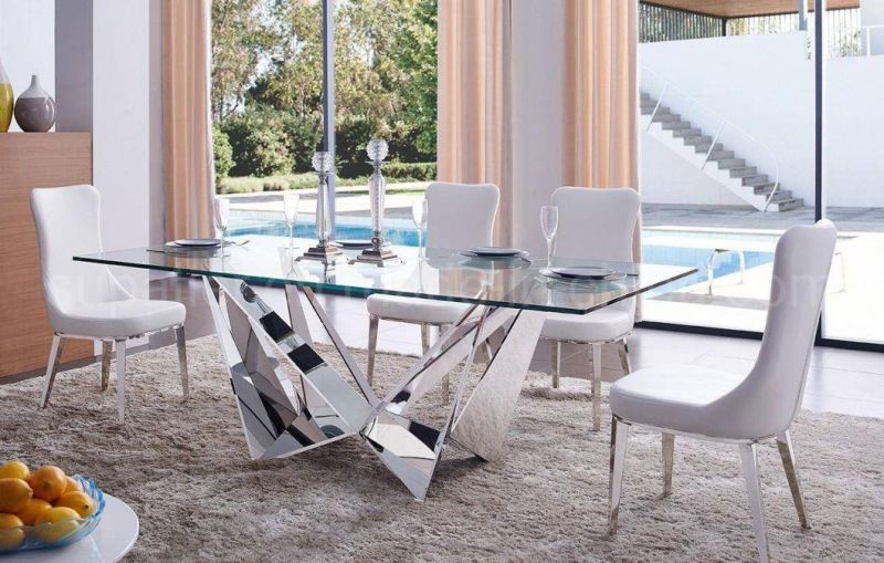 Rectangular Silver Metal Base Transparent Glass Dining Table Set