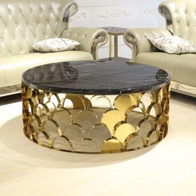 Living Room Round Black Glass Top Coffee Table Modern Stainless Steel
