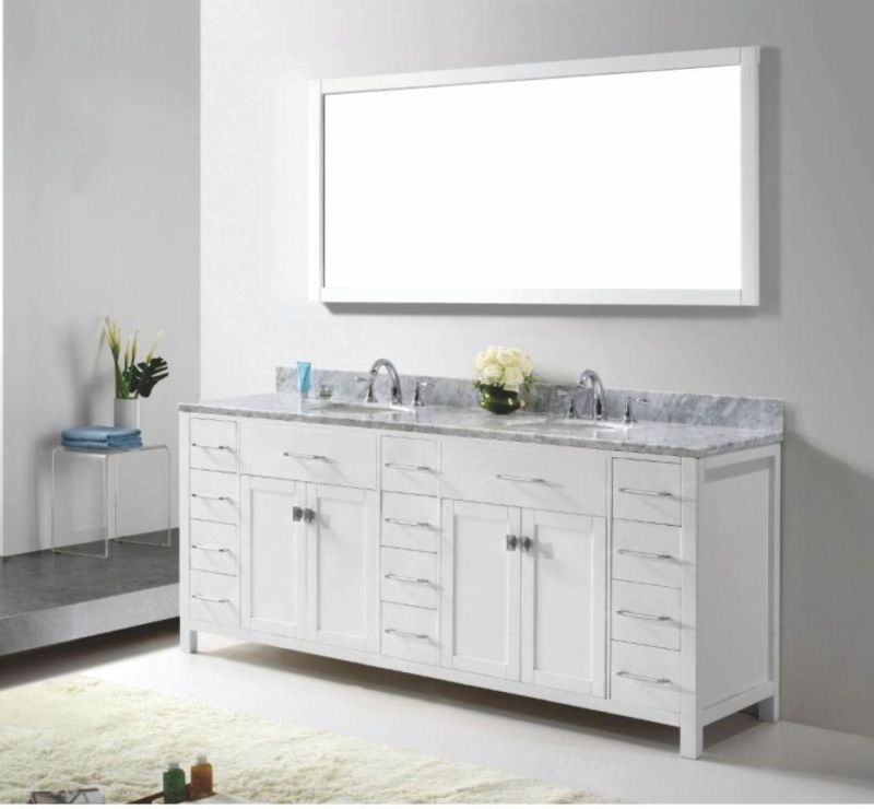 Exquisite and Elegant Marble Countertop, Black Double Basin Make-up Bathroom Cabinet