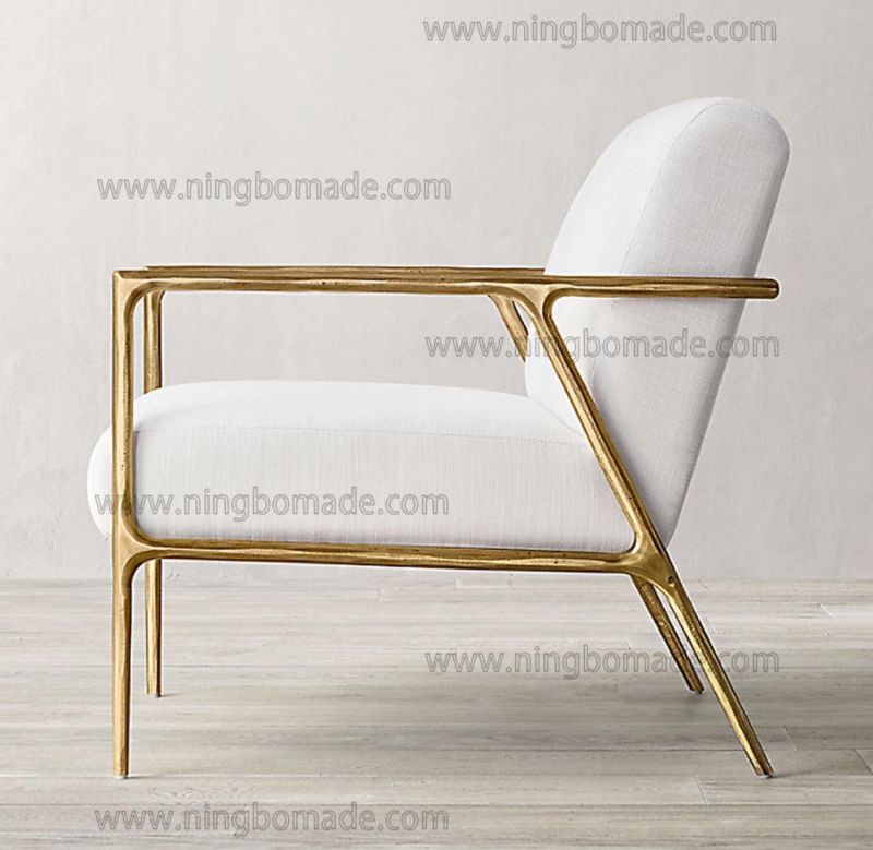 Rustic Hand Hammered Collection Furniture Forged Solid Iron Metal with Brass Color White Linen Arm Sofa
