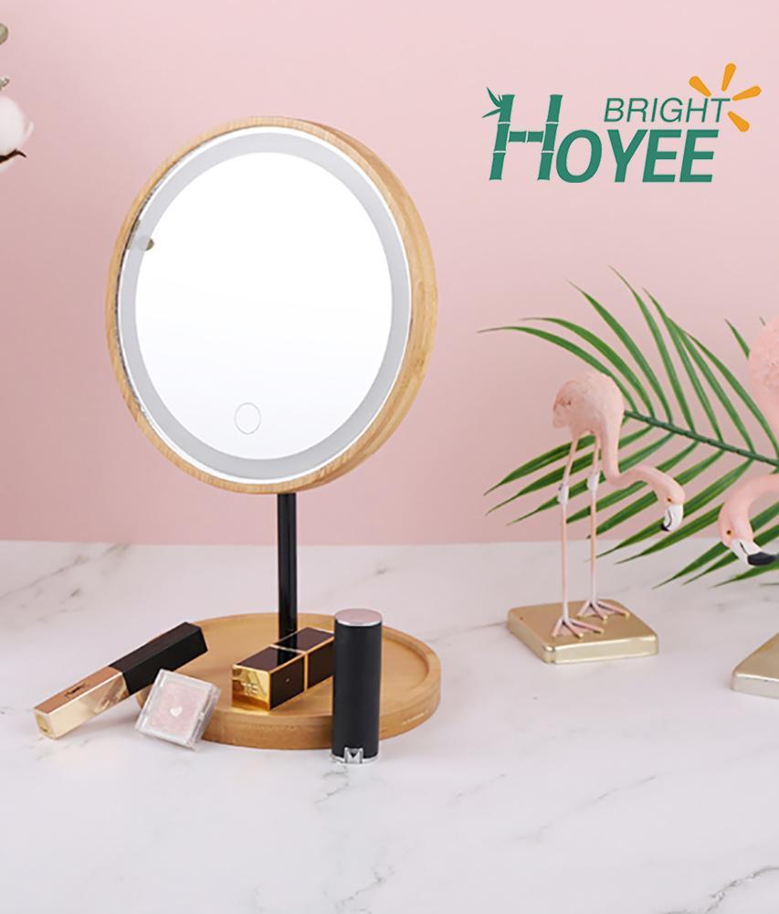 2 in 1 Bamboo Lighted Makeup Mirror with Lights and Storage Desk Mirror Touch Screen