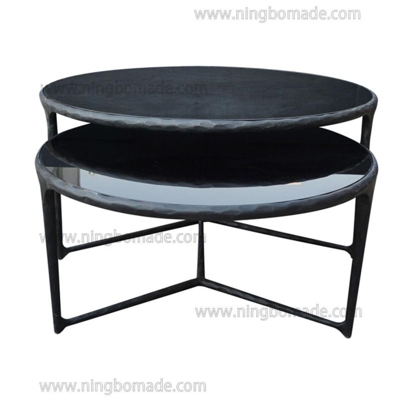 Thaddeus Sculptural Forged Collection Black Tempered Glass Top Antique Solid Forged Metal Base Nest Table