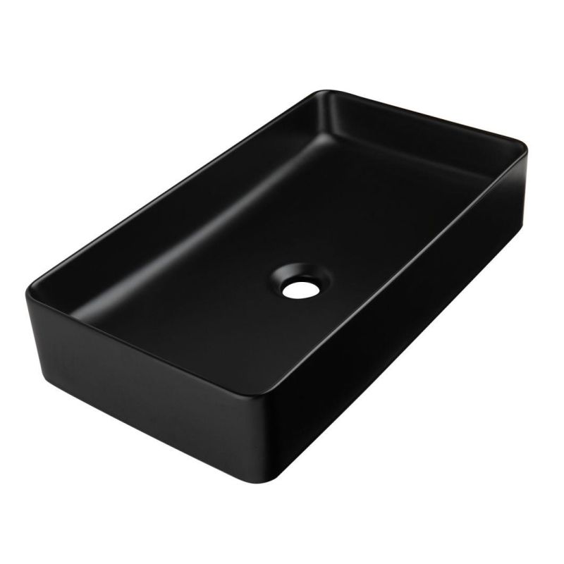 Modern Style Matte Black 24 Inch 61 Cm Bathroom Porcelain Countertop Rectangle Shape Washing Vessel Furniture with Pre-Drilled Overflow